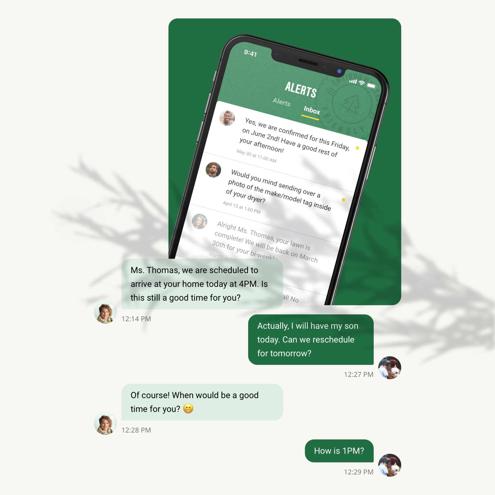 A mockup of the messaging feature showing an example of a customer reaching out to an expert.