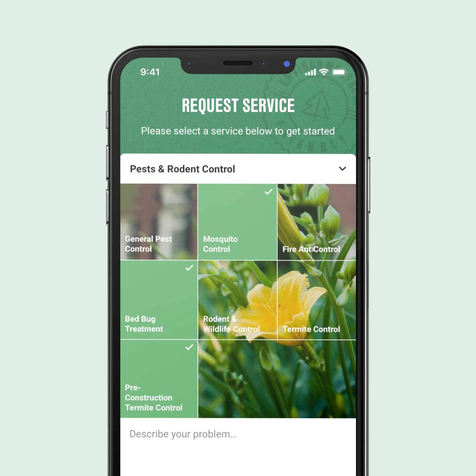 A phone showing the top section of the request service feature.