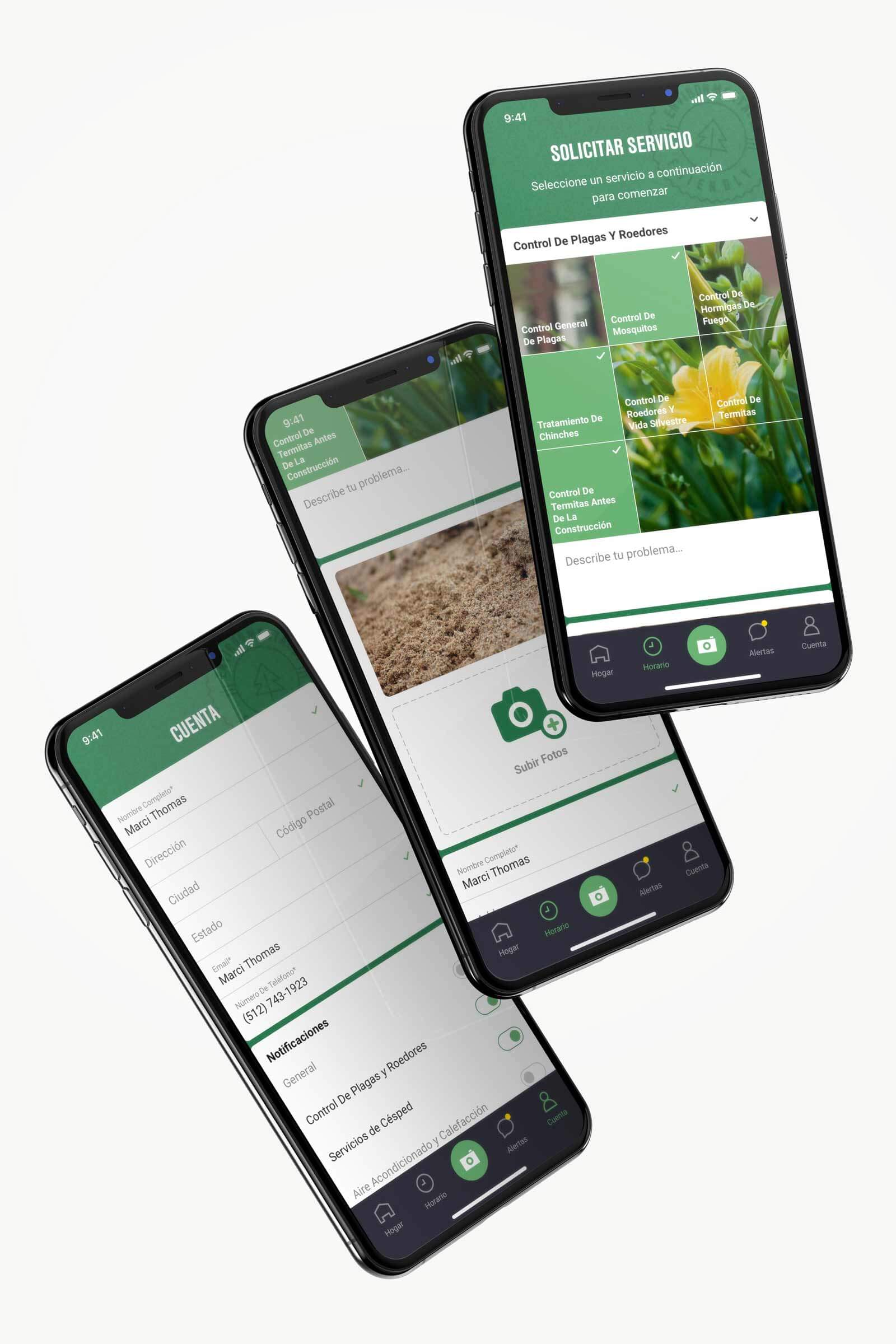 Three phones falling that show various steps in the request service process.