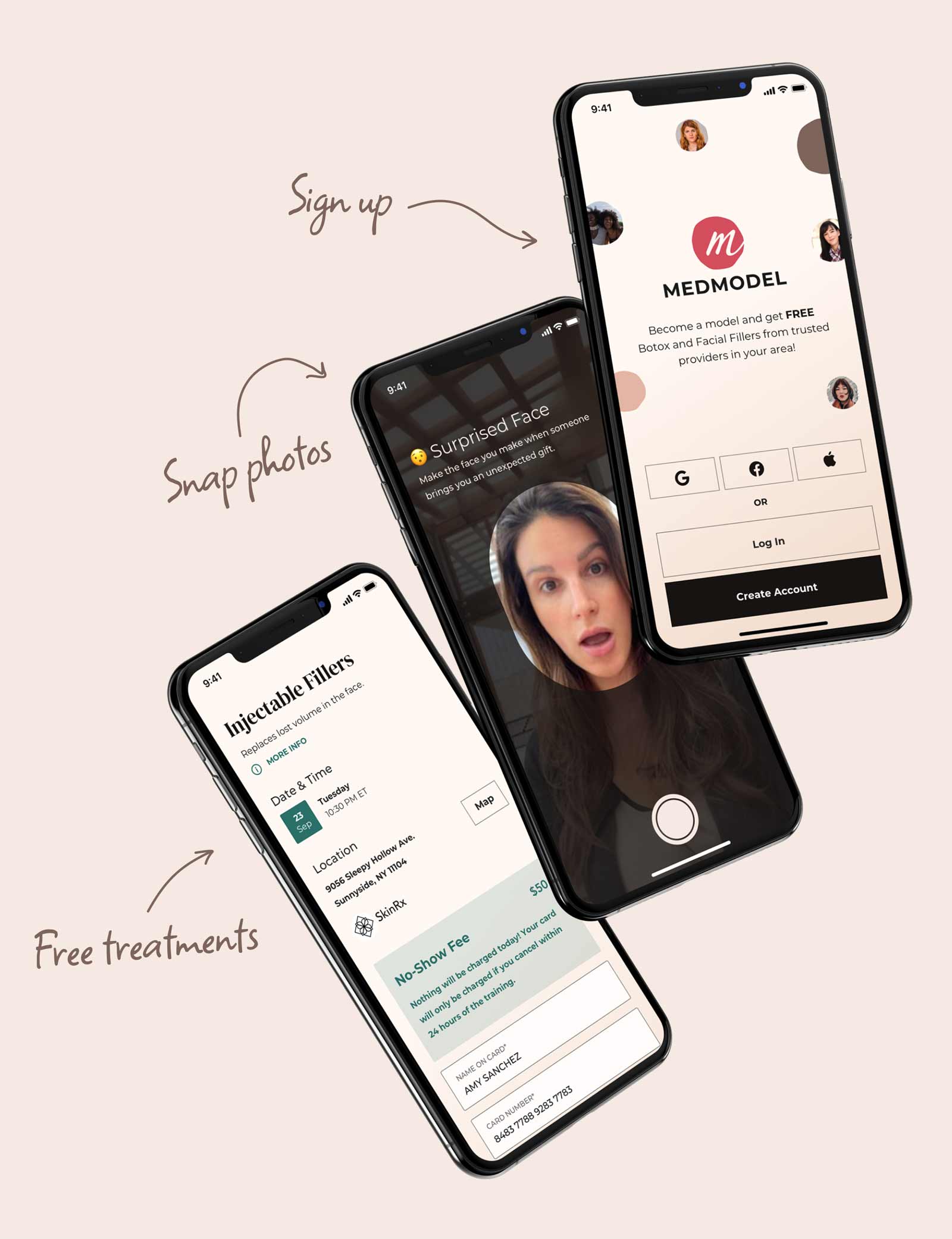 Three phones falling and showing the model app upload process.