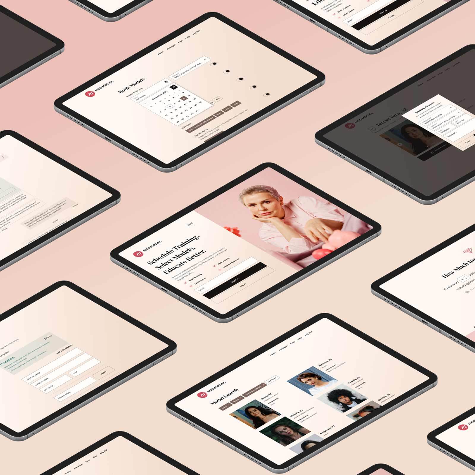 An array of tablets showing the client-side dashboards.
