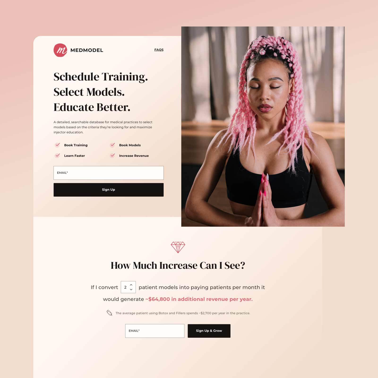 A mockup of the MedModel homepage.