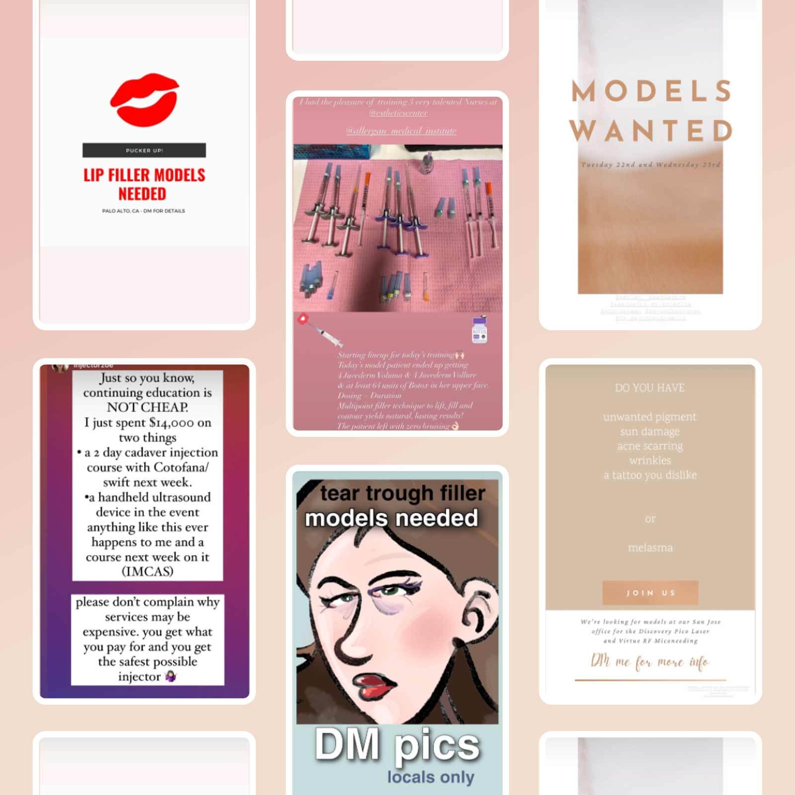 Several examples of social media posts for people looking for models.