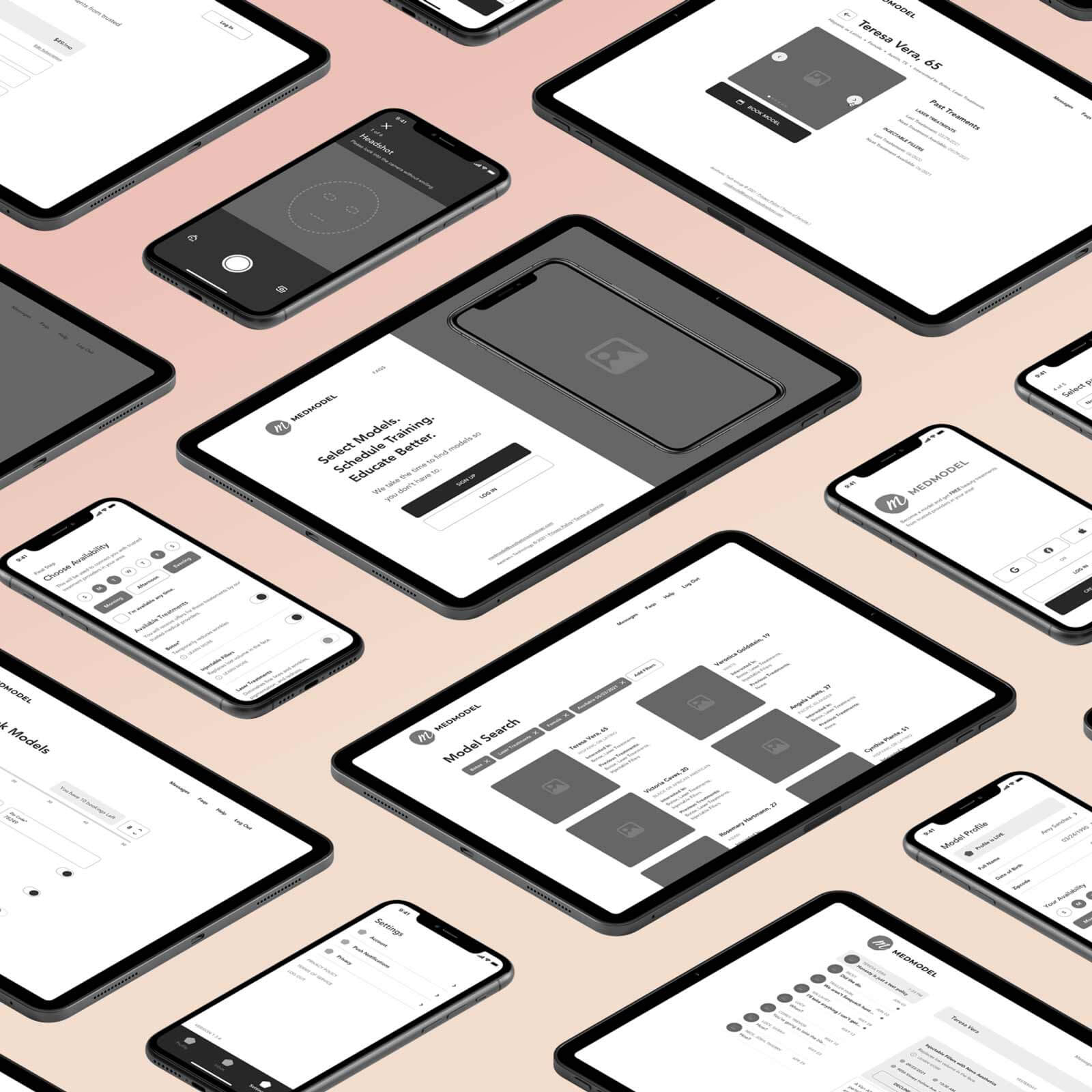 An array of phones and tablets showing various wireframes.