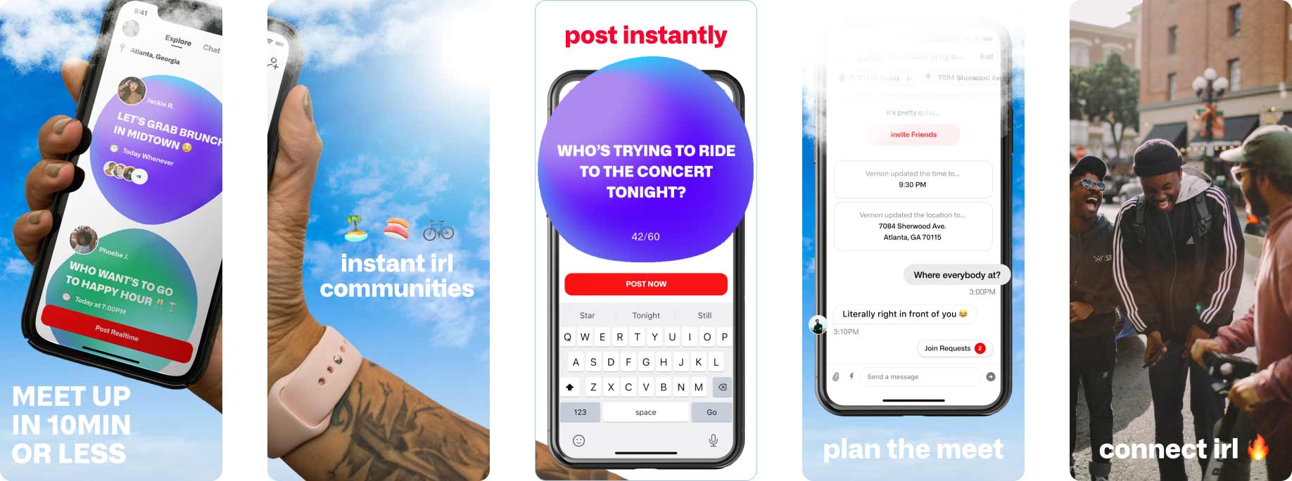 Three phones showing various examples of the design flow for creating a post.