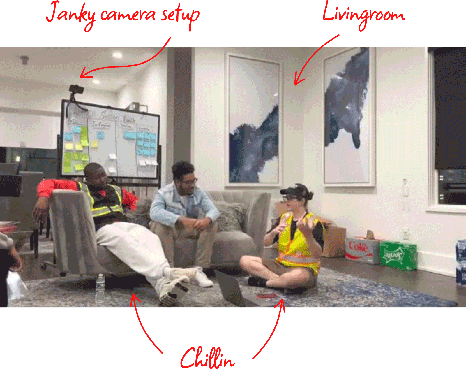 And example of a research session where the interviewer is sitting on the ground and the participant is on the couch. The camera is connected to the whiteboard in a way that is barely balanced.