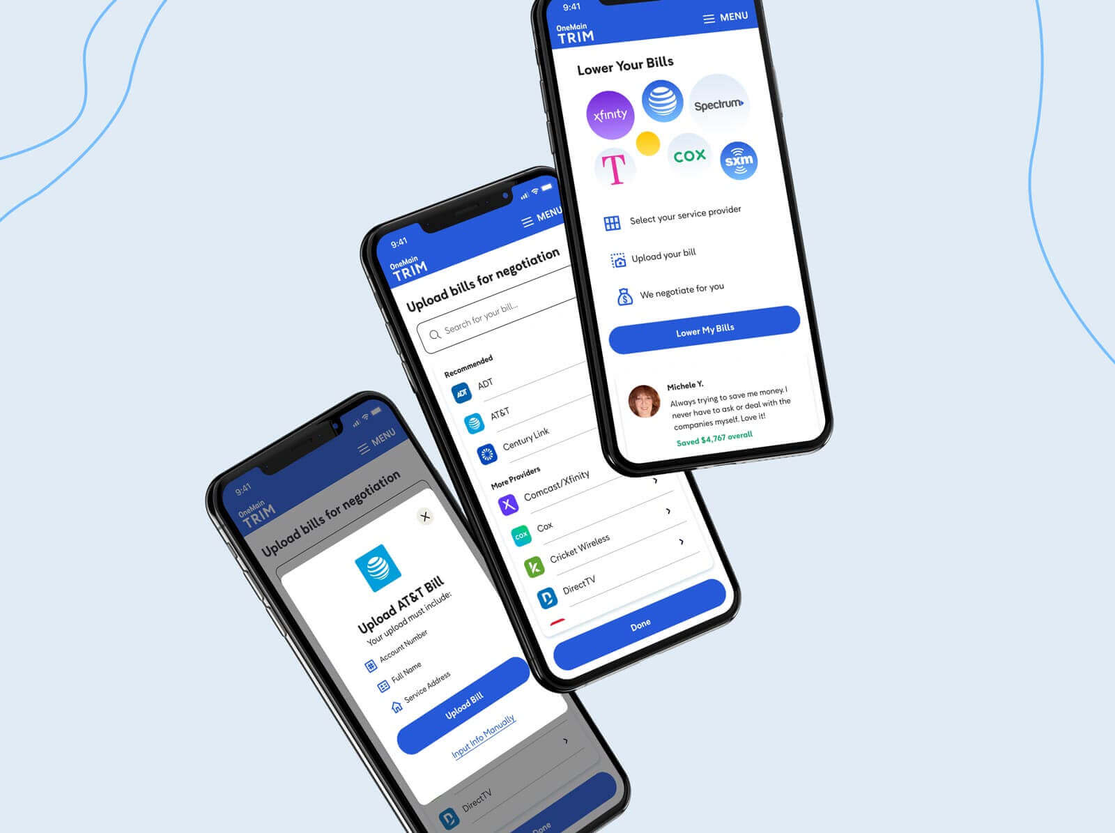 Three phones falling showing the mobile version of the bill negotiation feature.