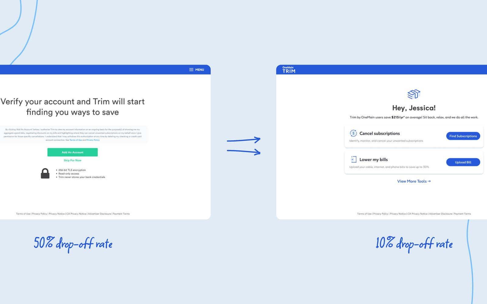 A comparison of the old onboarding screen and the new onboarding screen.