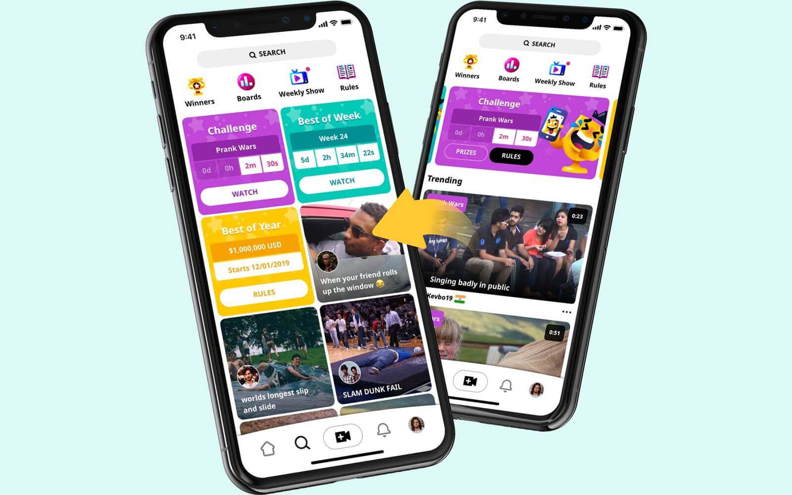 Two phones comparing original vs new explore page design