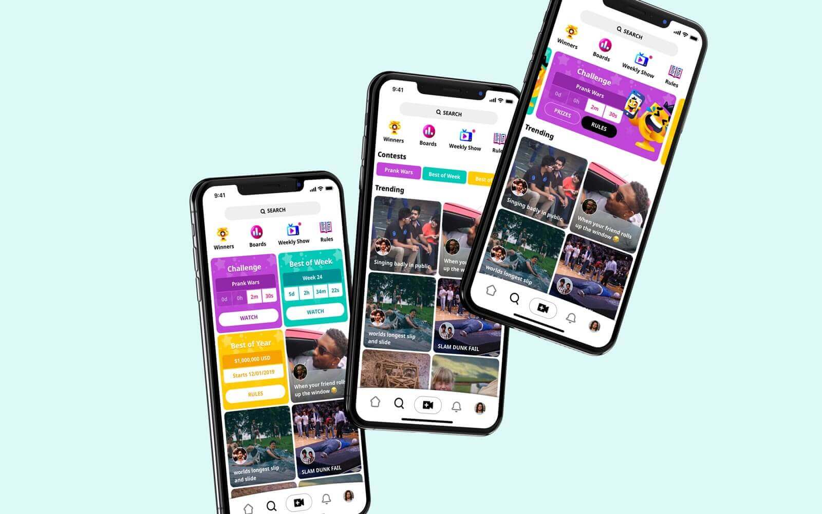 Three phones showing various explore page designs that were A/B tested